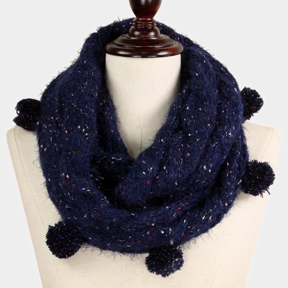 Multi Color Knit Pom Pom Detail Infinity Scarf